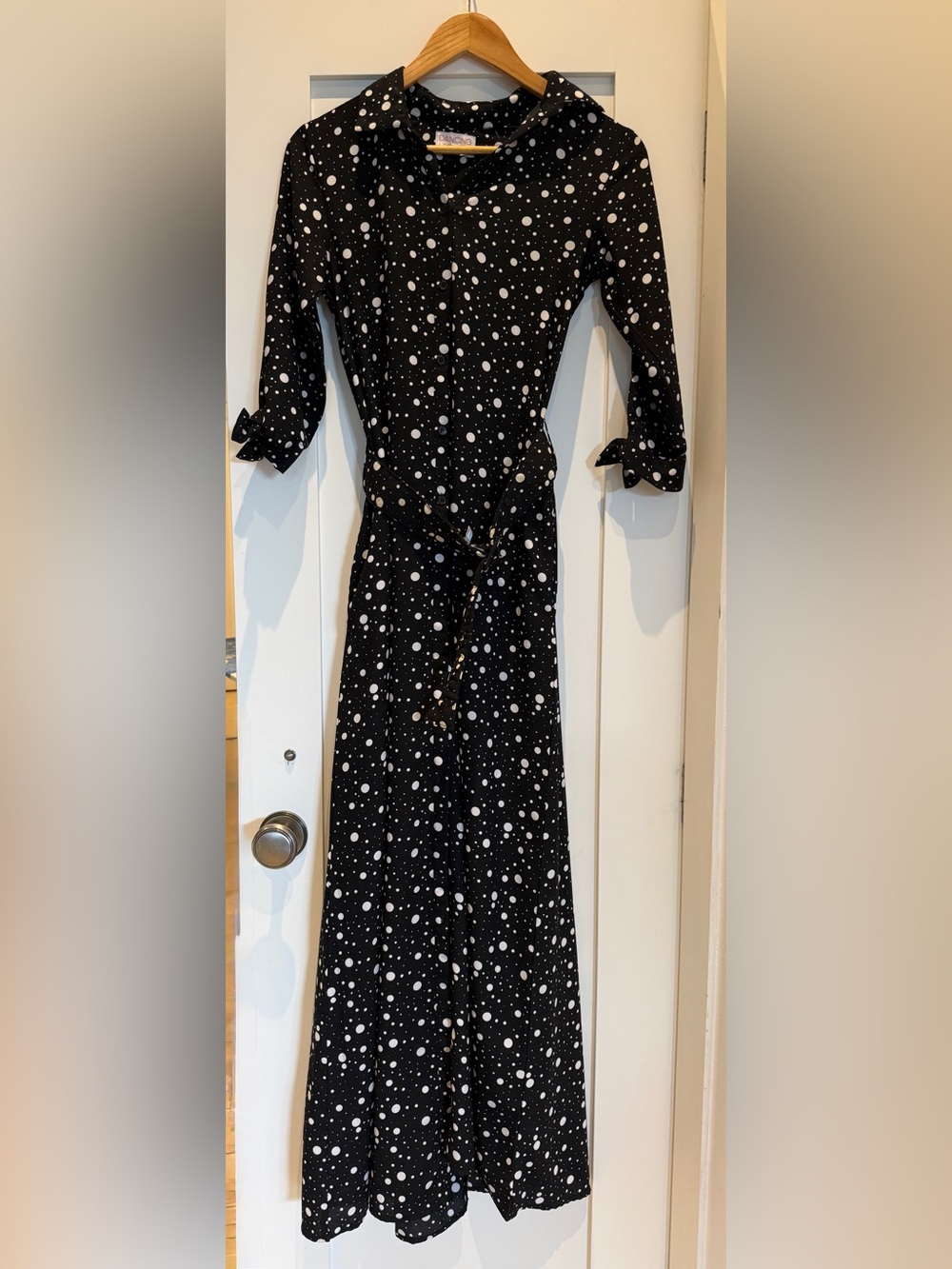 Black Polka Dot Maxi Dress with Self-Tie Waist